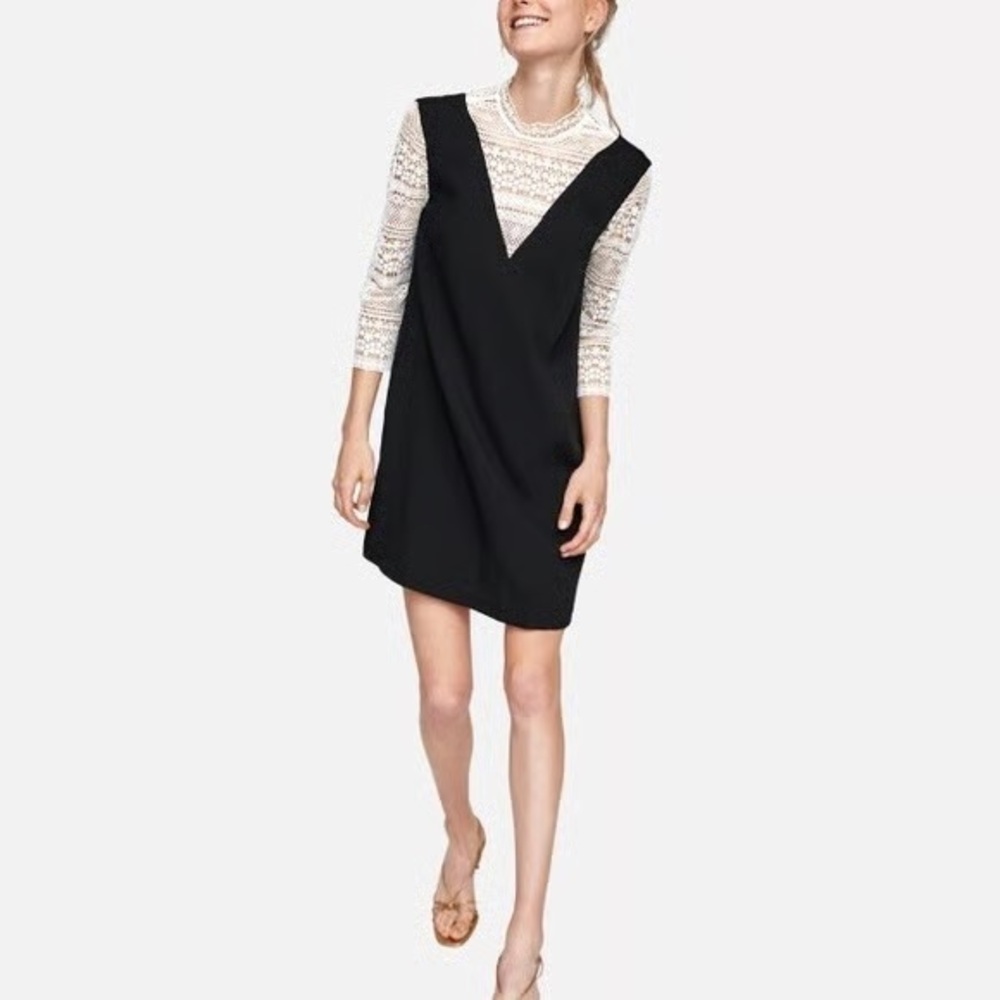Zara | Black Dress with  White Lace Overlay | Long Sleeves, Pockets | Size Large